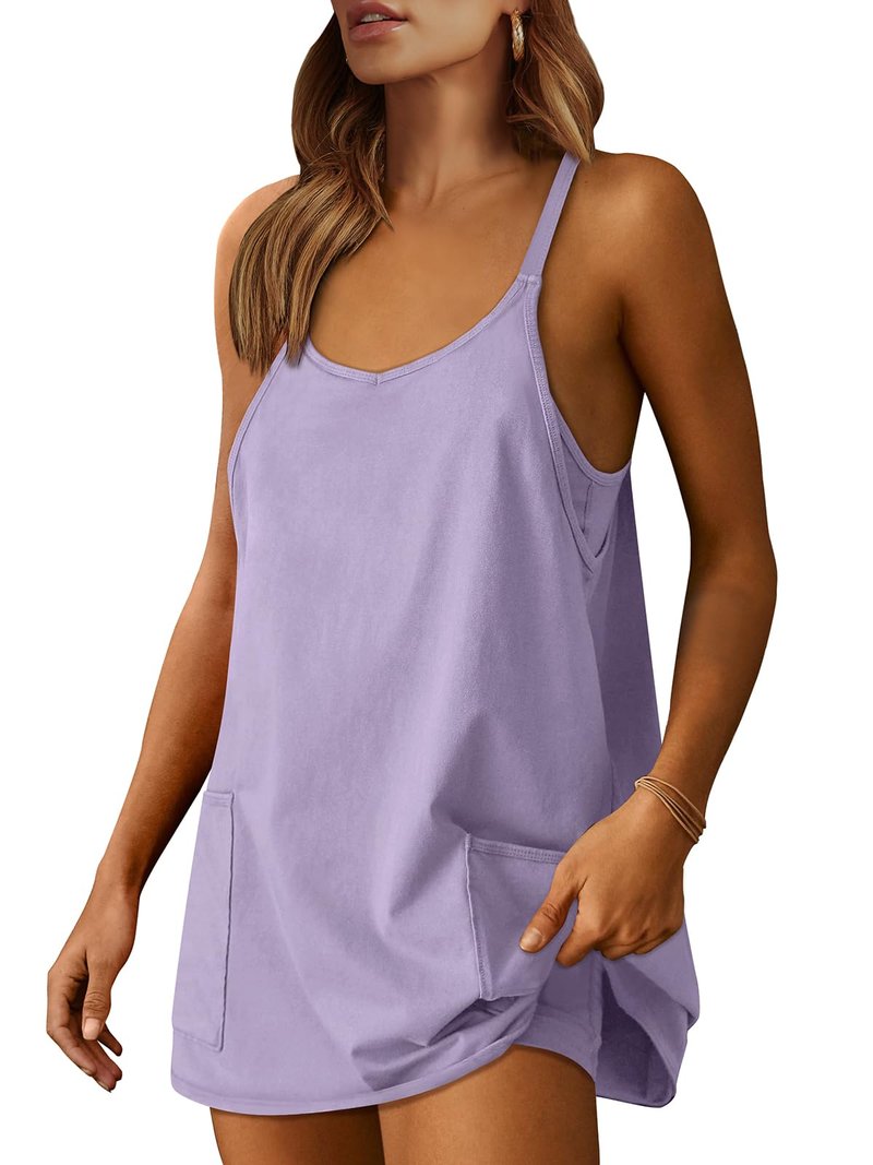 ANRABESS Women Athletic Dress Summer Tennis Workout Active Sports Mini Romper Dress Built in Shorts Travel Vacation Clothes Light Purple X-Large
