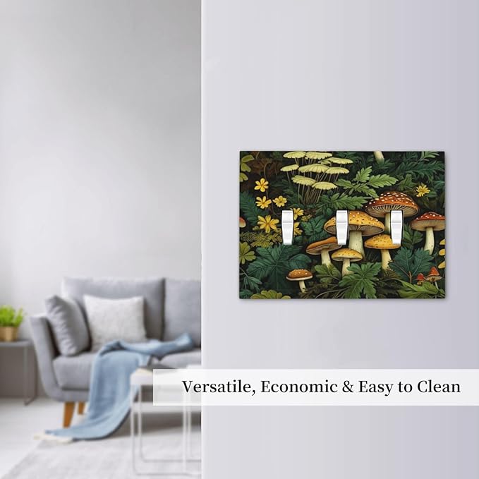 Mushrooms Forest Nature Botanical Art Light Switch Covers 3 Gang Triple Toggle Wall Plate Decorative Switchplate Electrical Faceplate for Farmhouse Living Decor