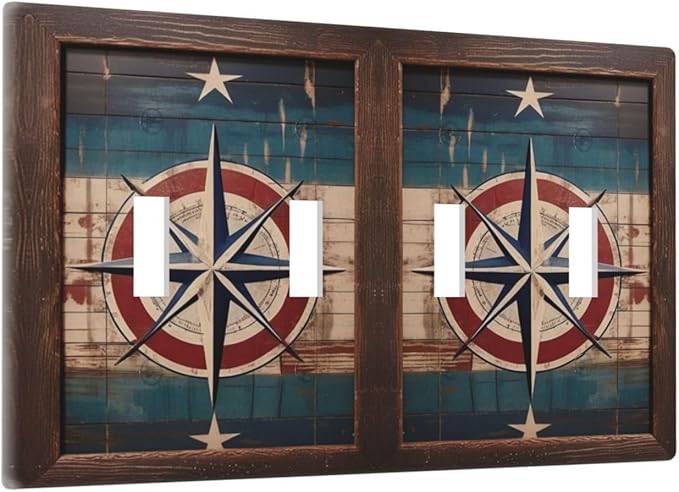Decorative Art Light Switch Covers Nautical Rustic Star Emblem Quad Toggle 4 Gang Wall Plate Switch plate Electrical Faceplate for Home Decor