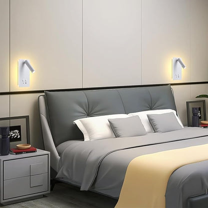 MOLUOLA LED Wall Lamp Wall Mounted Reading Lights, Adjustable Headboard Plug in Wall Sconce with USB C+A Ports, Headboard Bedside Lamp with 9W+3W Night Light 3000K (White)