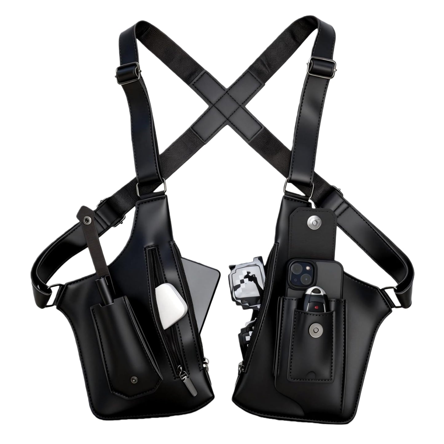 Anti-Theft Shoulder Holster Bag for Men, Double Shoulder Armpit Chest Bag - Premium Leather, Adjustable Straps, Phone Wallet Pocket - Travel, Outdoor - Unisex Underarm Pouch (Black)