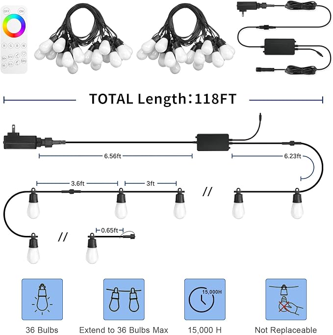 Outdoor String Lights 118FT Smart Patio Lights with APP Control, 36 LED Bulbs RGB IC Warm White, IP65 Waterproof Color Changing for Christmas, Patio, Backyard, Garden, Party, Holiday Decor