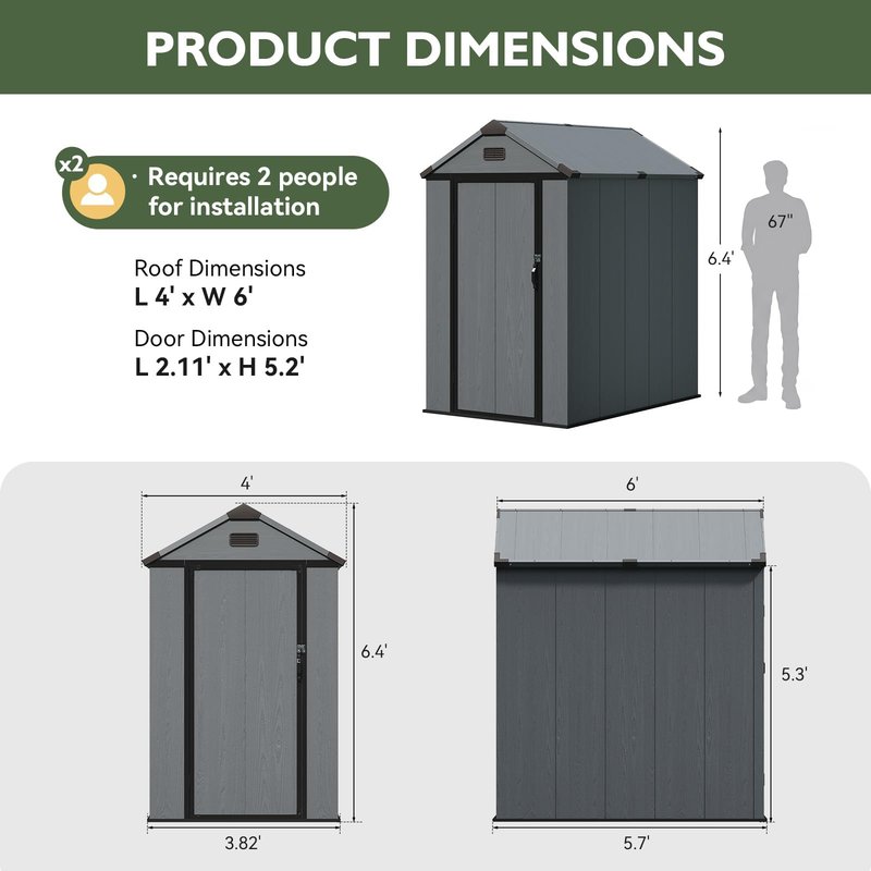 Aoxun 4x6 FT Resin Shed with Reinforced Floor, Outdoor Storage Shed, All-Weather Plastic Tool Storage with Lockable Door, Window & Vents for Garden, Patio, Bike & Garbage Can, Dark Gray