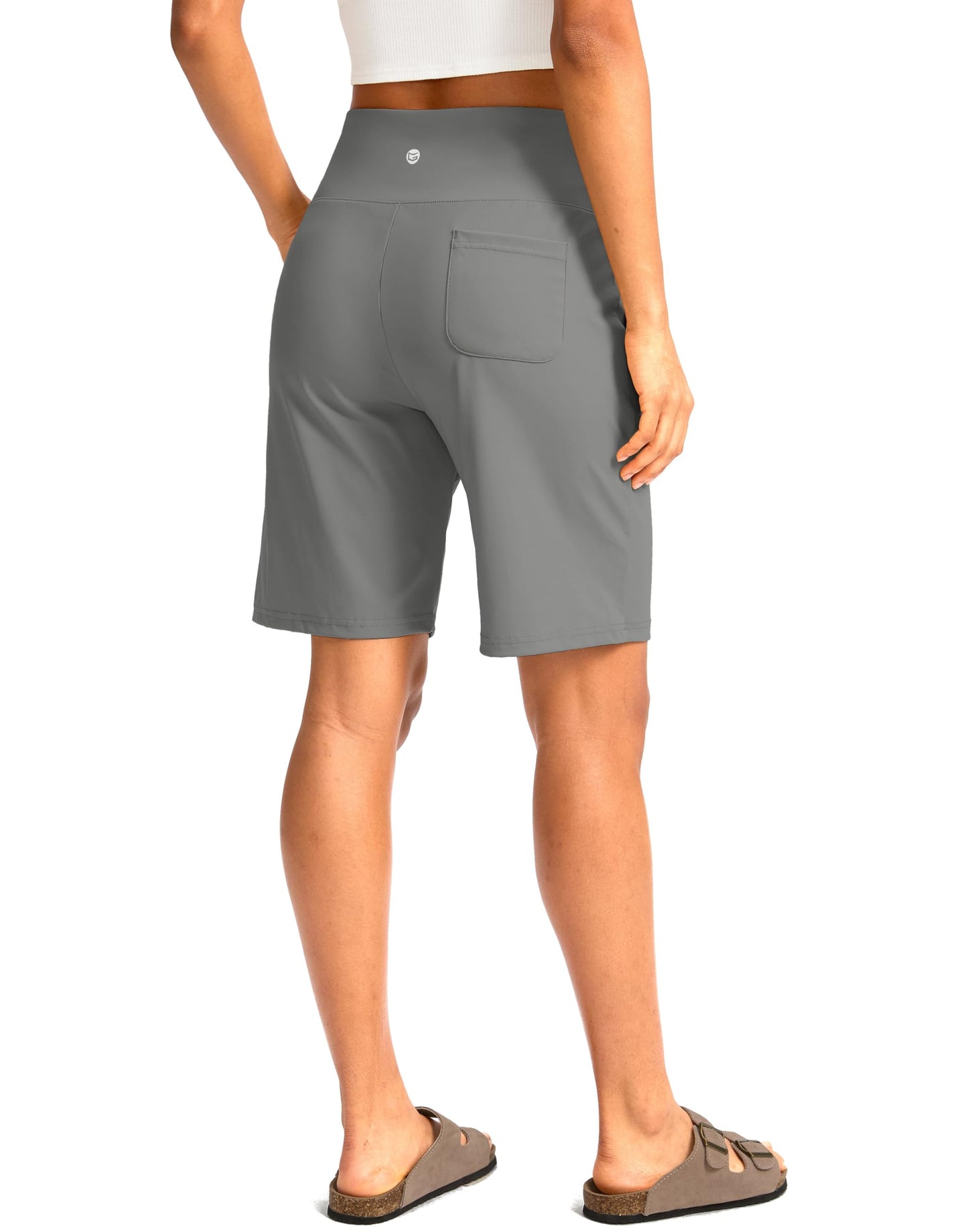 G Gradual Women's Bermuda Long Shorts with Pockets 9" High Waisted Knee Length Shorts for Women Walking Athletic Workout(Light Grey,L)