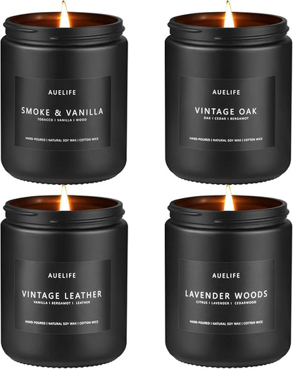 Scented Candles Set | Men Candle Set, Scented Candles for Home, Gifts for Men Aromatherapy Gift Set - 4 Pack Manly Gifts for Dad Fathers Day, Soy Candle of Leather/Smoke & Vanilla/Oak/Lavender