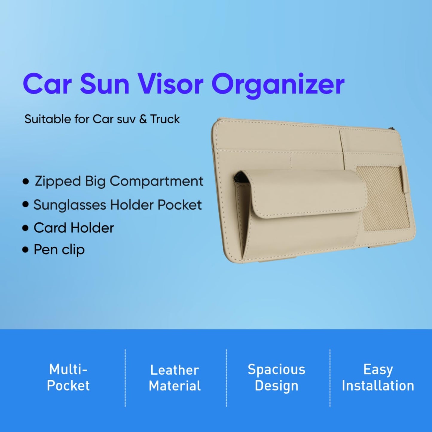 WiiLemz Car Visor Organizer, Multi-Pocket Sunvisor Storage with Sunglass Holder, Document Holder and Visor Card Clip, Fit for AUTO SUV & Truck, Leather Car Accessories Interior (Pink)