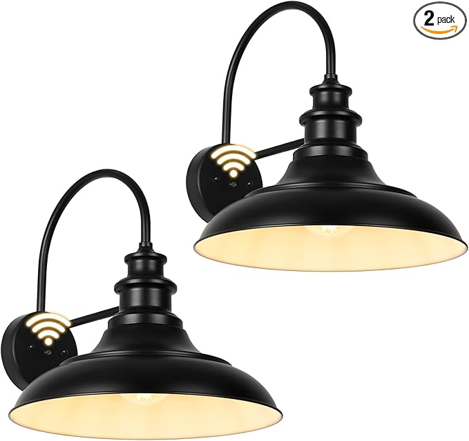 Dusk to Dawn Sensor Outdoor Barn Light Fixtures, 16 Inch Dome Farmhouse Outdoor Wall Sconces, Rustic Gooseneck Exterior Wall Mount Lights, Industrial Black White Lanterns for Porch, 2 Pack