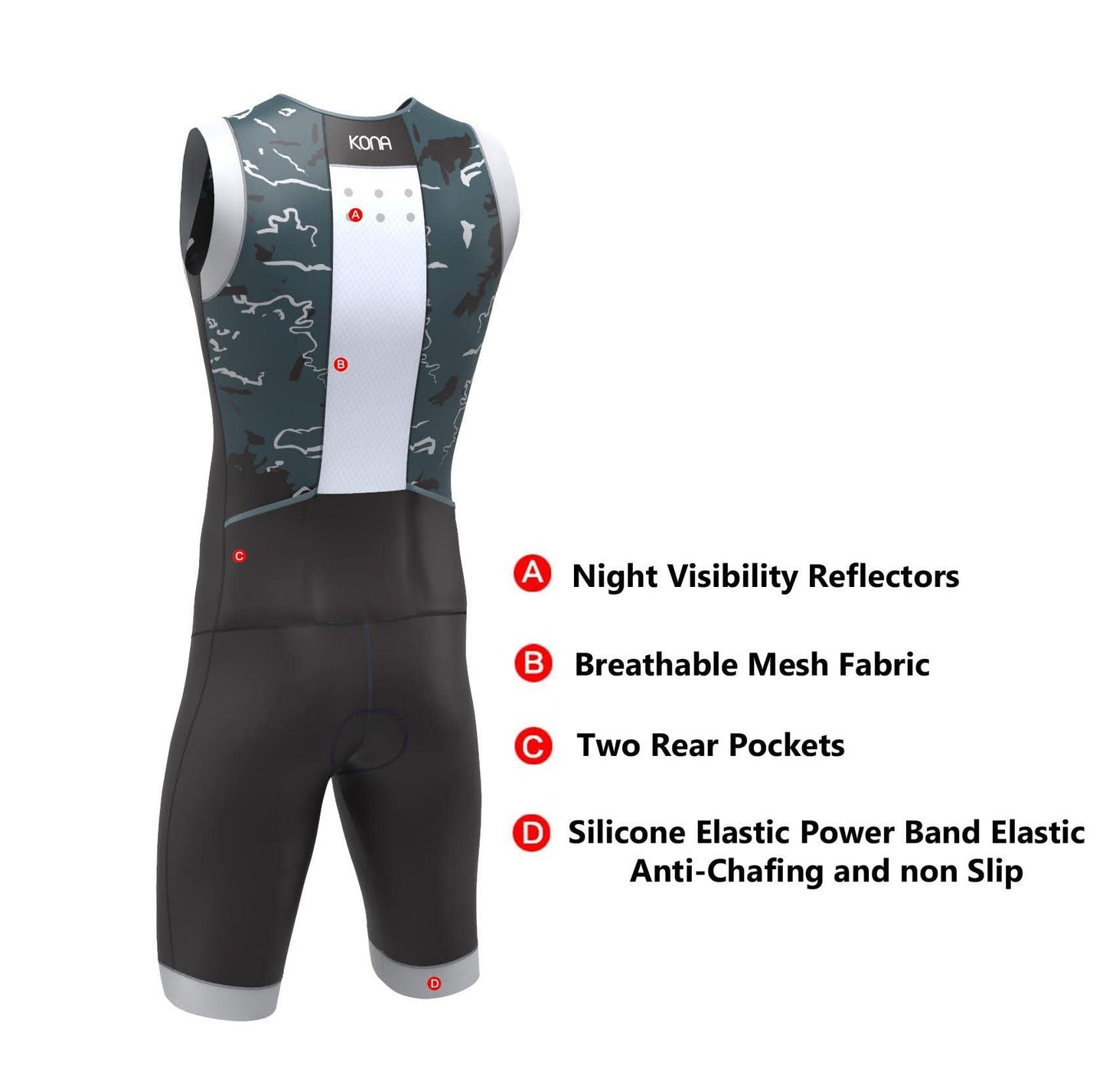 KONA Mens Assault Triathlon Race Suit - Sleeveless Skinsuit Padded Cycling Tri Suit for Swim Bike Run(Black, M)