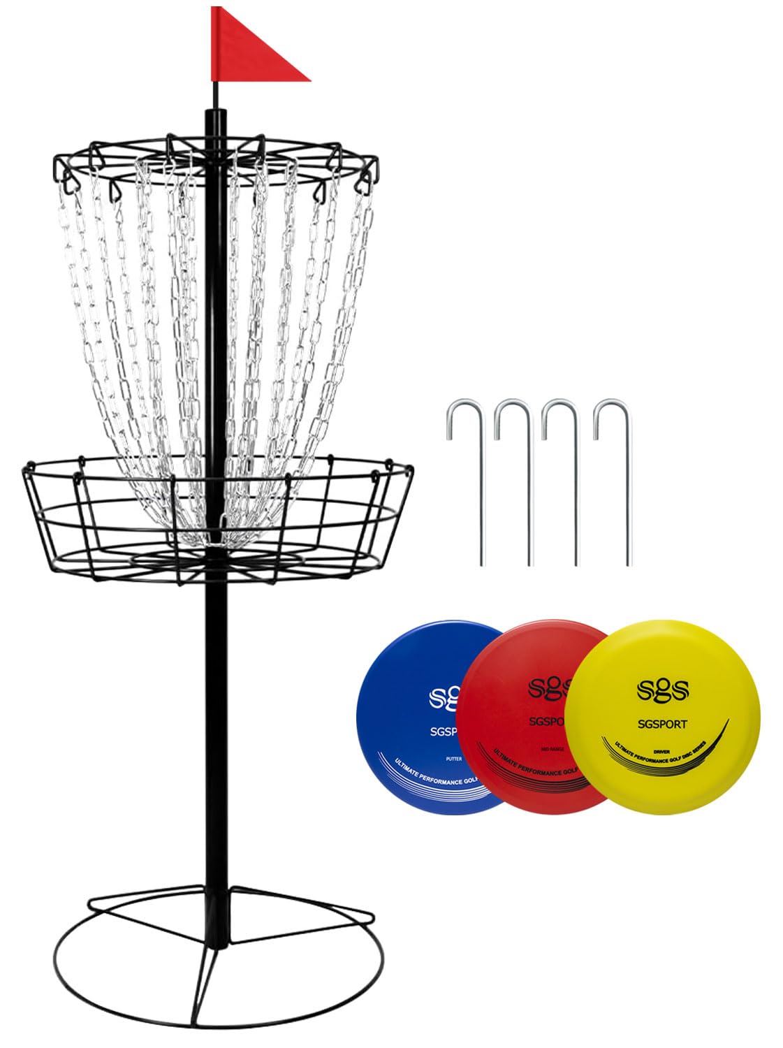 Disc Golf Basket - Portable Disc Golf Target with Heavy Duty 24-Chains Come with 3pcs Disc Golf Discs and Ground Stake -Suitable for Players of All Levels - Multi Color Available