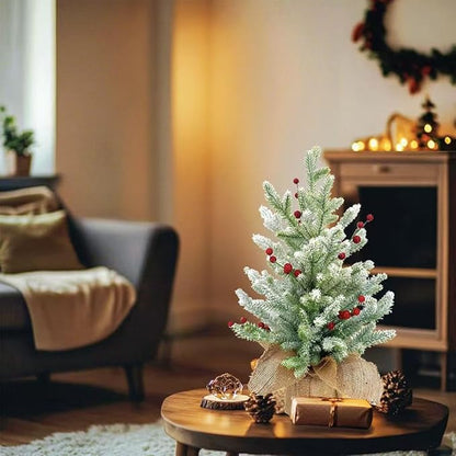 20 Inch Flocked Christmas Tree with Berry Picks - Snow Covered Artificial Tabletop Tree with Burlap Base, Mini Holiday Decor for Home Office Mantel Party