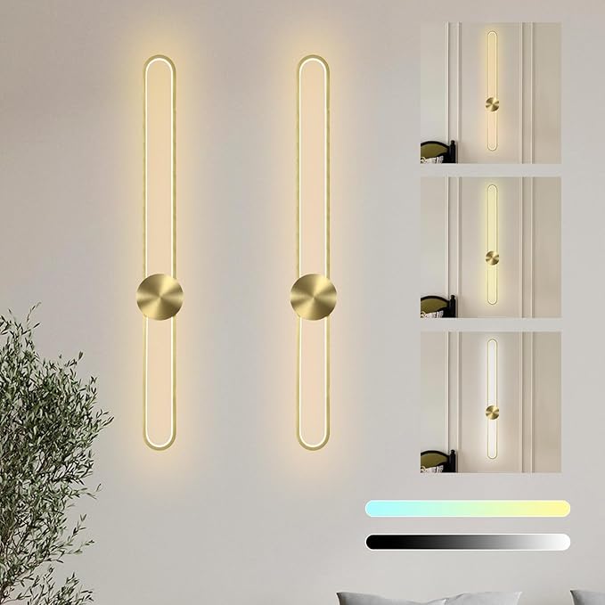 Modern Wall Sconce Dimmable 3000K/4000K/6000K LED Wall Light Fixture, Hardwired Wall Lamp for Living Room, Dining Room, Bedroom, Hallway, Lobby, Entryway (Brushed Gold, 43.3inch/H110cm)