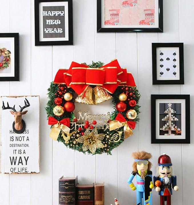 H&W Large Christmas Wreath (19.69 Inch / 50 cm) for Front Door Wall Windows Artificial Poinsettia Xmas Decoration with Tinkle Bell Bowknot and Small Ornaments (MC7-D1)