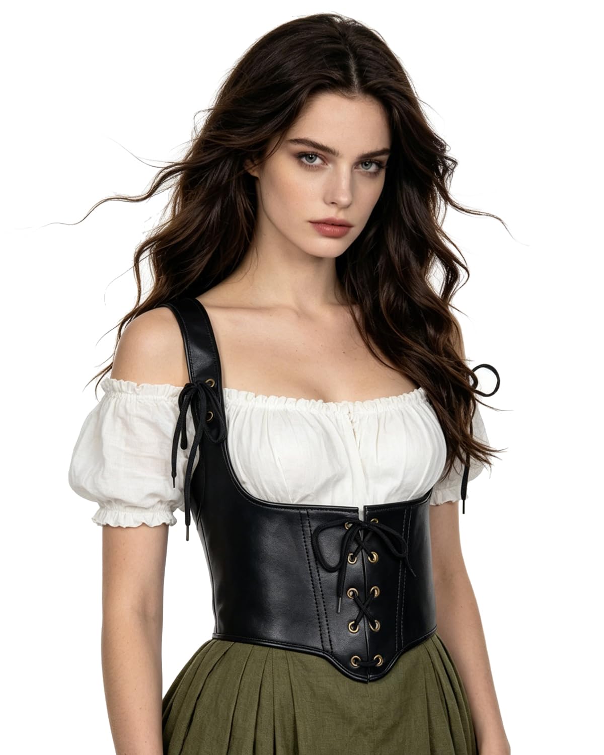 Joukavor Womens Renaissance Leather Corset Belt - Medieval Bustier Waist Cincher with Straps Gothic Corset Harness for Ren Faire (Black, Large)