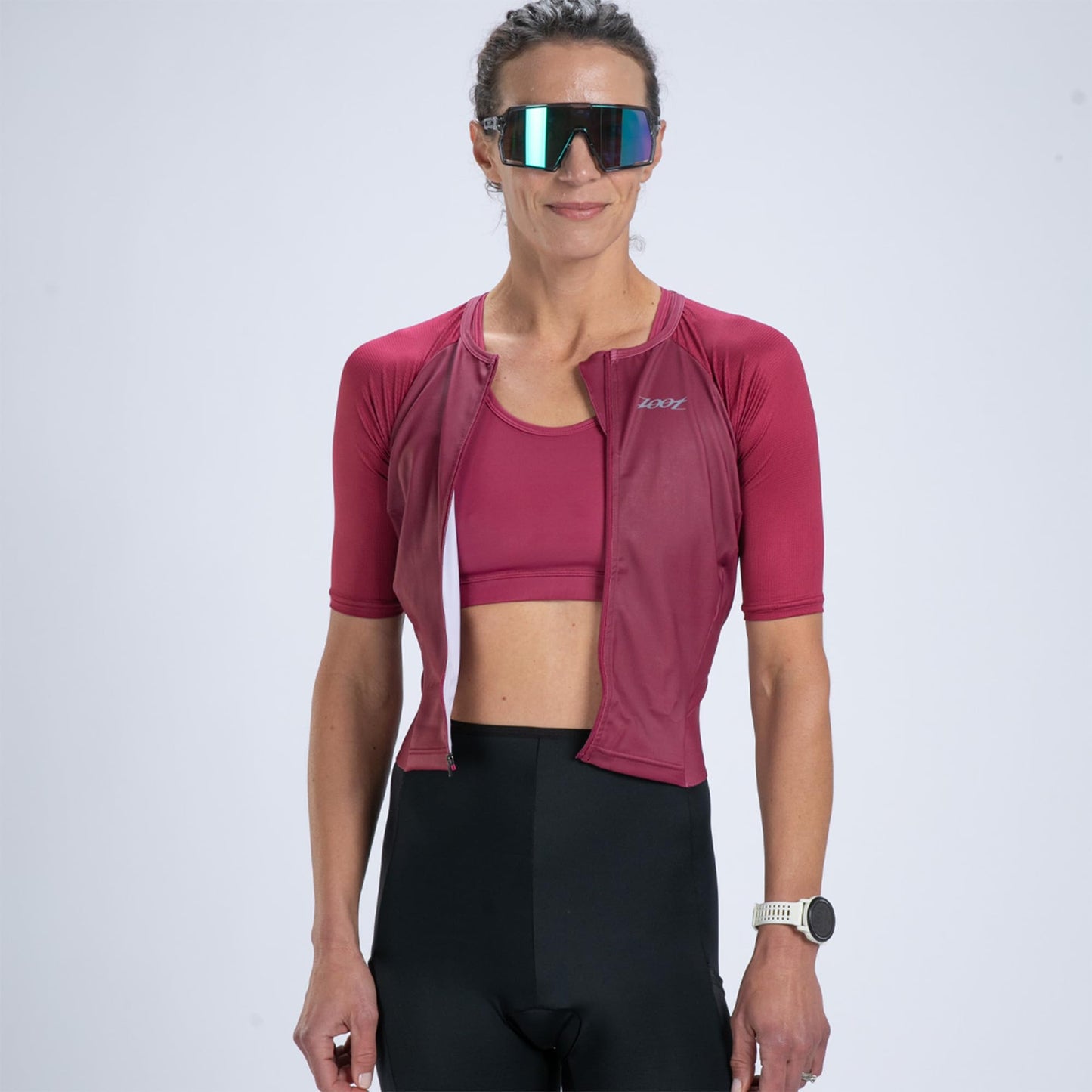 Zoot Women’s Core Tri Aero FZ Racesuit, Short Sleeve Moisture-Wicking Triathlon Suit, Plush Chamois & Race Day Storage - Plum - 2X-Large