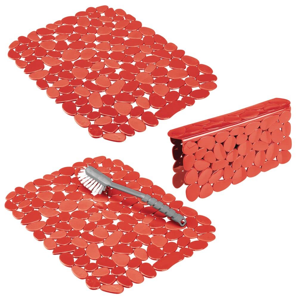 mDesign Adjustable Dish Drying Mat/Grid - Soft Plastic Sink Protector, Cushions Sinks & Dishes - Quick Draining Pebble Design - Set of 3 - Red