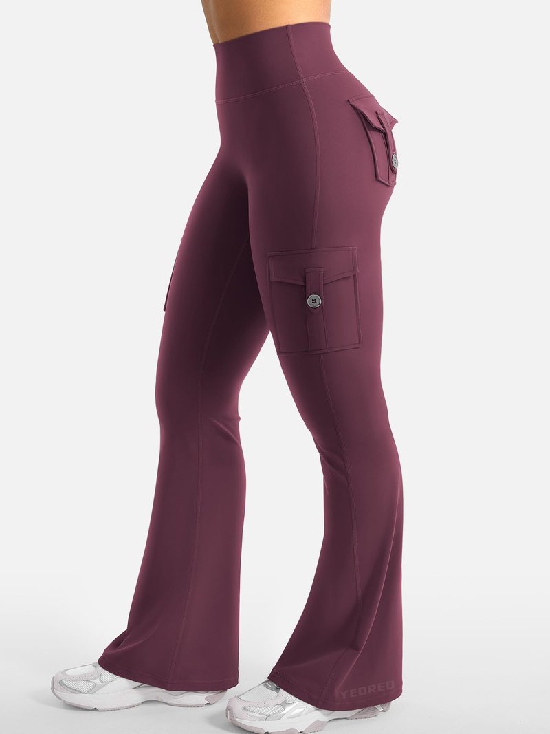 YEOREO CoreFlex Women Workout Flare Leggings with Pockets Hidden Scrunch High Waisted Cargo Gym Yoga Leggings Dark Cherry XS