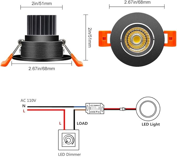 2 Inch LED Downlight, 3W Recessed Lighting COB Dimmable, 3000K Warm White, CRI80, Black Trim, Ceiling Lights with LED Driver, 1 Pack