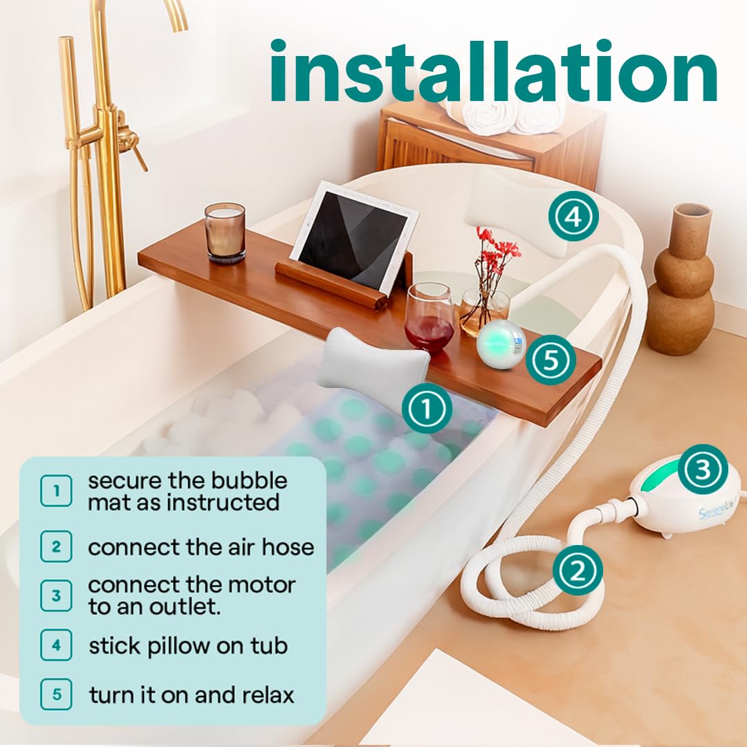 SereneLife Bubble Bath Mat - Portable Spa Bubble Bath Massager with Waterproof Bath Light & Pillow, Adjustable Bubble Intensity, Easy Button Control, Remote Control