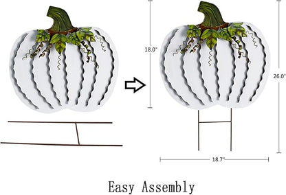 Metal Pumpkin Stakes Yard Signs Fall Decor Decorative Garden Stake Lawn Pumpkins Ornaments Outdoor Autumn Decoration for Harvest Halloween Thanksgiving (26" H White)