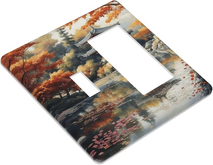 Decorative Art Light Switch Covers Lake & Pagoda in Fall 2 Gang Single Toggle Rocker Combination Electrical Faceplate Switchplate Wall Plate for Home Decor