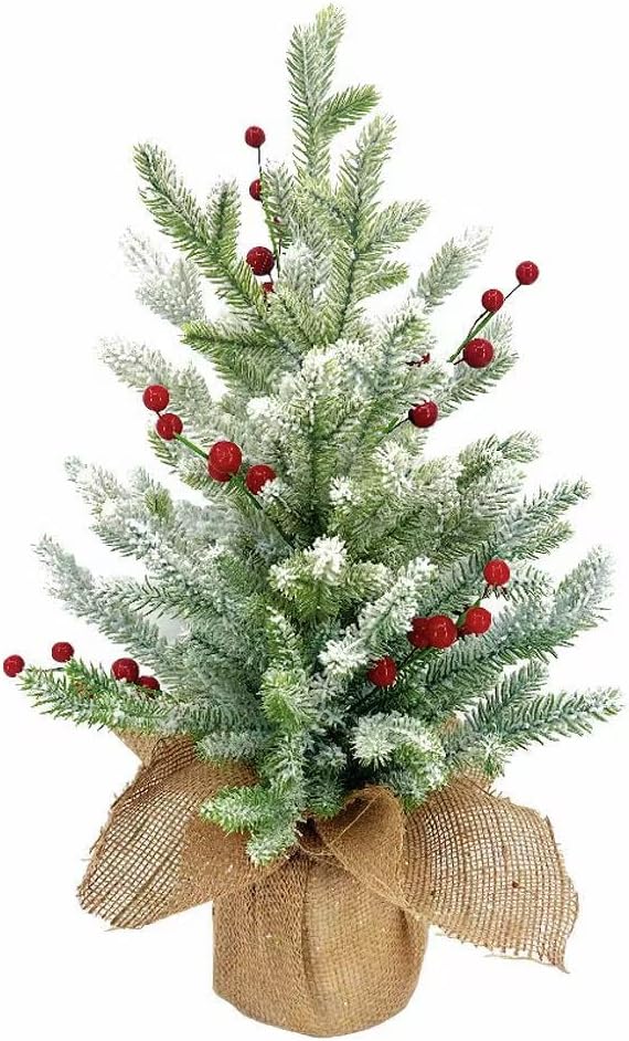 20 Inch Flocked Christmas Tree with Berry Picks - Snow Covered Artificial Tabletop Tree with Burlap Base, Mini Holiday Decor for Home Office Mantel Party