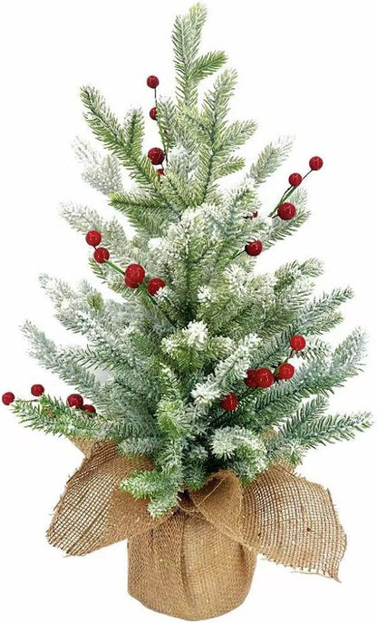 20 Inch Flocked Christmas Tree with Berry Picks - Snow Covered Artificial Tabletop Tree with Burlap Base, Mini Holiday Decor for Home Office Mantel Party