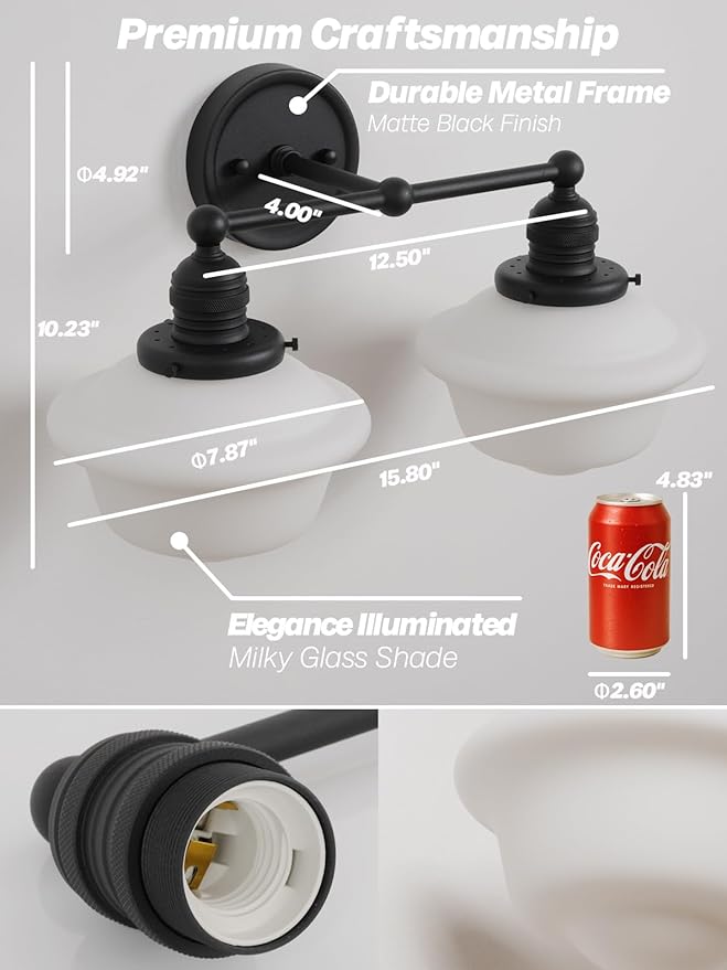 Vintage 2-Lights Wall Sconce Lights Black Bathroom Vanity Light with Milk Glass Double Sconce Wall Mounted Lamp for Bedroom Living Room Bathroom Mirror Kitchen Hallway Hardwire