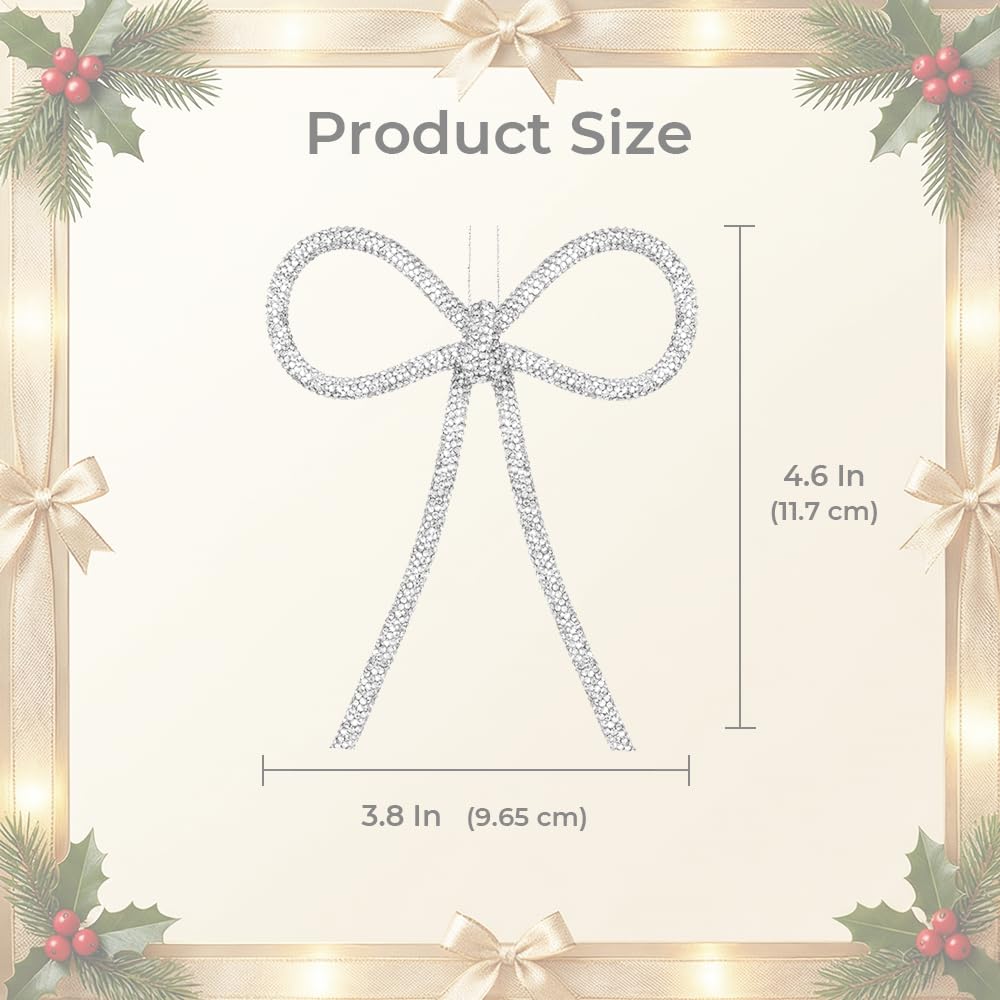 XMIAOX 3 Pcs Handmade Rhinestone Bow Christmas Ornaments, Sparkling Shapeable Bows for Holiday Tree, Wreath & Gift Wrapping, Reusable Holiday, Home, Party Décor (Silver, Small)