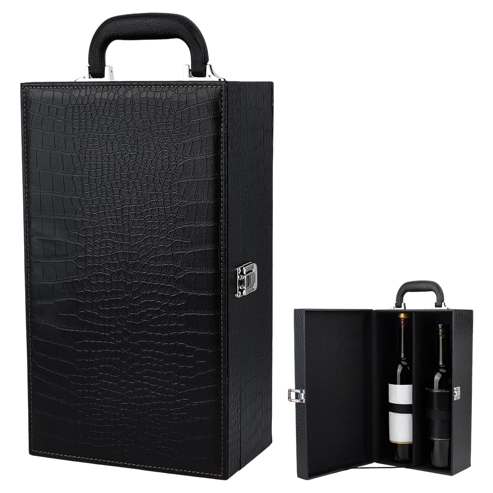 PH PandaHall Wine Gift Box, 2 Bottle Textured Leatherette Wine Carrier Case with Top Handle Bottle Storage Packaging Box for Business Gifts, Party Events, Travel, Holiday, 13.66x7.87x4.65inch, Black