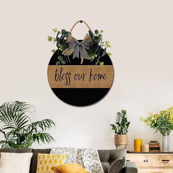 Bless Our Home Front Door Sign Funny Wreaths Hanging Wooden Plaque Decoration Round Rustic Wood Farmhouse Porch Decor for Home Front Door Decor, 11 x 11 Inch