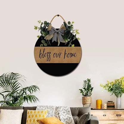 Bless Our Home Front Door Sign Funny Wreaths Hanging Wooden Plaque Decoration Round Rustic Wood Farmhouse Porch Decor for Home Front Door Decor, 12 x 12 Inch