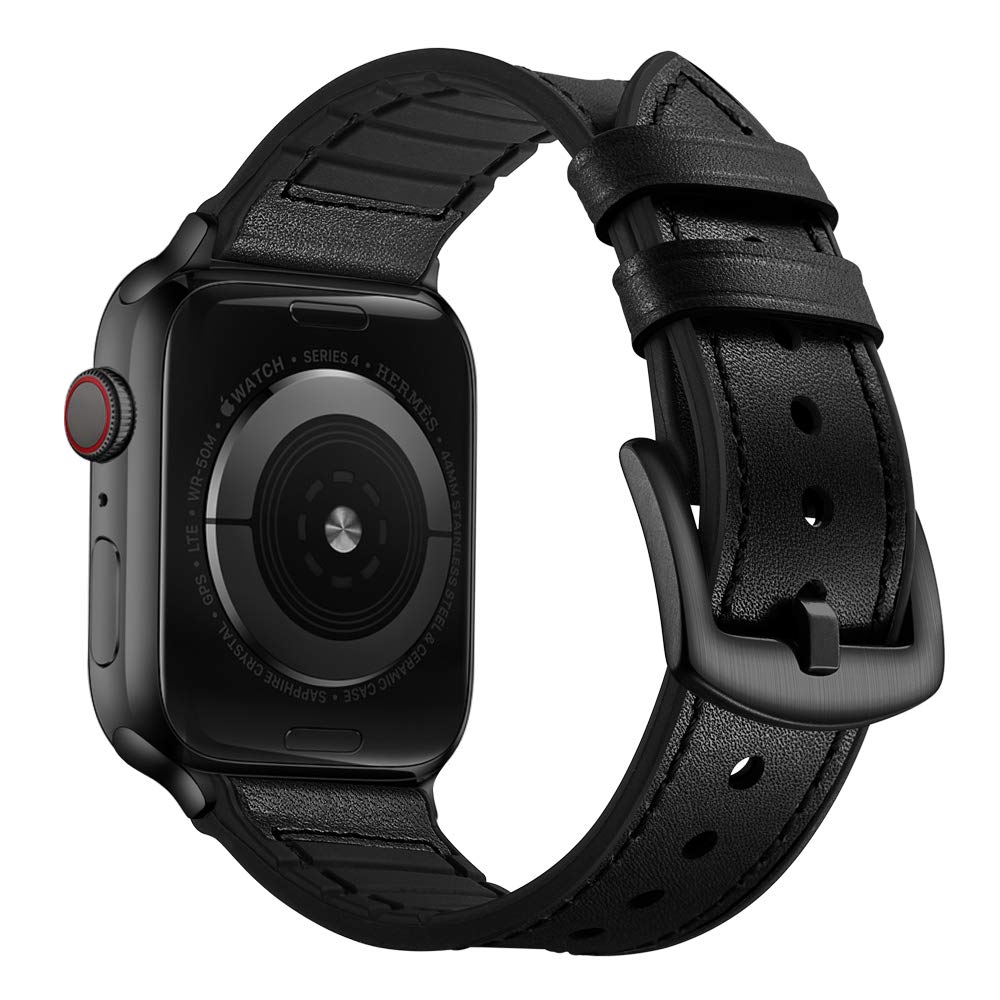 OUHENG Leather Bands Compatible with Apple Watch Band 49mm/46mm/45mm/44mm/42mm, Leather Rubber Hybrid Strap for iWatch Ultra 3/2/1 Series 11 10 9 8 7 6 5 4 3 2 1 SE 3/2/1, Black/Black