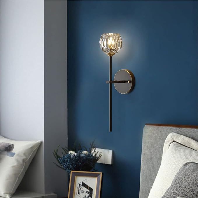 BOKT Mid Century Matte Black Crystal Wall Sconce Lighting Set of 2 Modern Long Metal Wall Light Set of Two 1-Light Clear Glass Wall Lamp Retro Industrial Crystal Bathroom Vanity Light Fixture