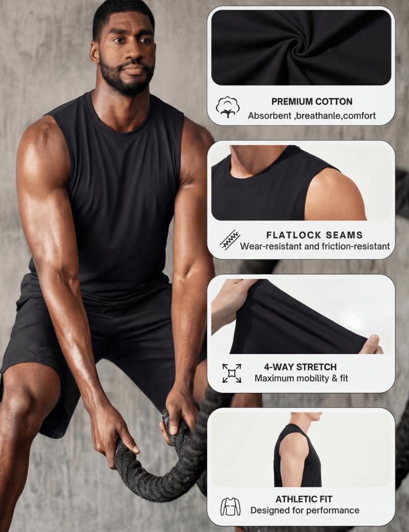 TACVASEN Black Tank Top Men Gym Moisture Wicking Sleeveless Shirts Breathable Workout Casual Cotton Summer Summer Tank Tops 2XL