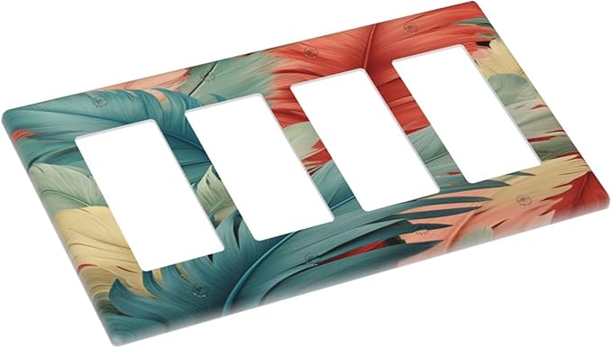 Colorful Feathers Blue Red Light Switch Cover 4 Gang Rocker Decora Outlet Covers Wall Plate Decorative Switchplate Electrical Faceplate GFCI for Farmhouse Living Bedroom Decor