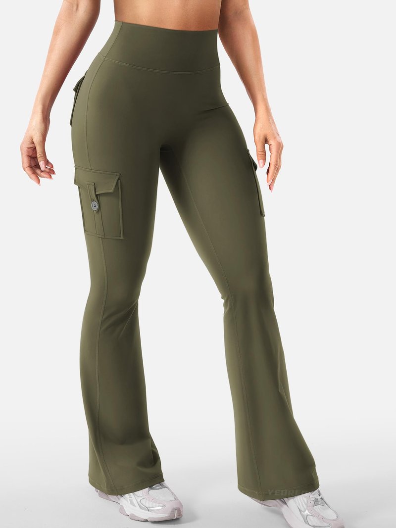YEOREO CoreFlex Women Workout Flare Leggings with Pockets Hidden Scrunch High Waisted Cargo Gym Yoga Leggings Army Green XS