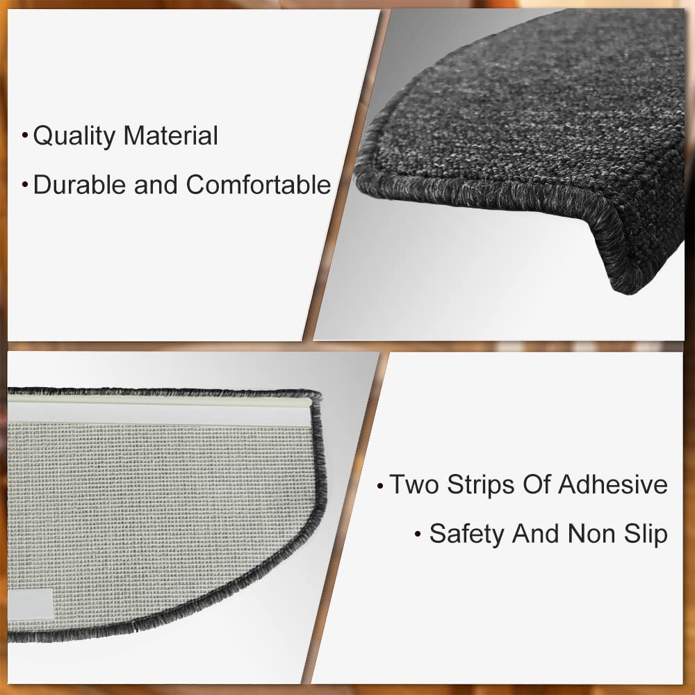 Qingbei Rina Bullnose Carpet Stair Treads Non-Slip for Wooden Steps,13PCS/8.7 * 26inch Indoor Stair Carpet Runner,Cover,Mat for Dogs Baby Pets,Comfort Semi Circular(Black Grey)