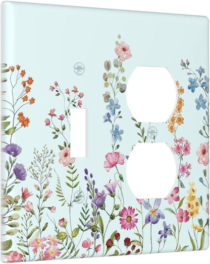 Decorative Light Switch Cover Plate Rustic Wild Floral Vintage Blue Watercolor Flower 2 Gang Outlet Covers 1 Toggle 1 Duplex Wall Plate Decorate Electrical Switch Plate Covers for Bathroom Home Decor