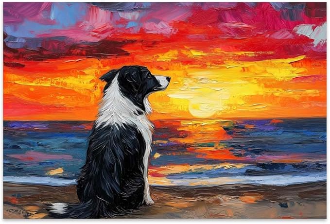 Yesad Dog Wall Art, Border Collie Painting Sunset Beach Canvas Print Impressionist Artwork Colorful Poster Pictures Gift for Dog Lover Wall Décor for Living Room Bedroom (Unframed,24”x16”, Dog1)