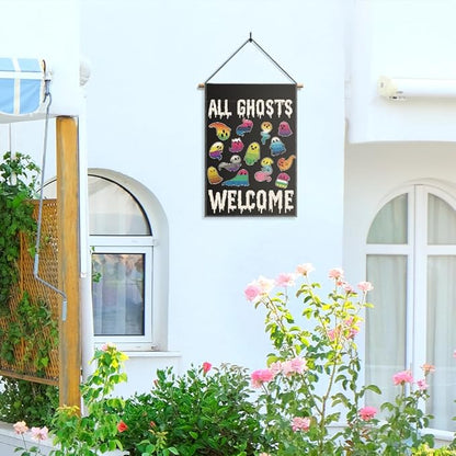 All Ghosts Welcome Garden Flag, Funny Ghost Yard Sign for Outside, LGBT Trans Pride Ally Flag, Spooky Fall Season Lawn Porch Halloween Decoration for Family Friend
