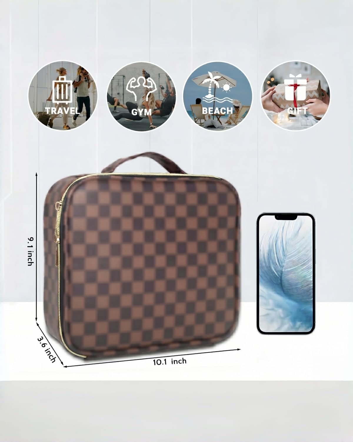 WIRIBEY Elegant Checkered Toiletry Travel Organizer - Vintage Retro Cosmetics Bag with Gold Zipper, Budget-Friendly Christmas Thanksgiving Birthday Gift for Mom Wife Sister, PU Leather Pouch