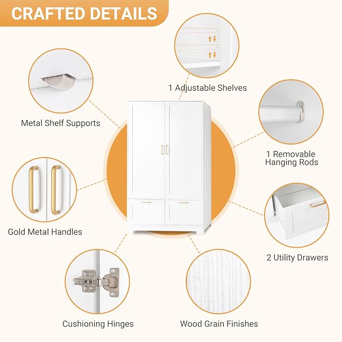 VINGLI 35" Wide White Armoire Wardrobe Closet with Adjustable Shelves and Drawers, Freestanding Closet Wardrobe Cabinet, Bedroom Armoires and Wardrobes with Doors for Kids' Room, Dorm