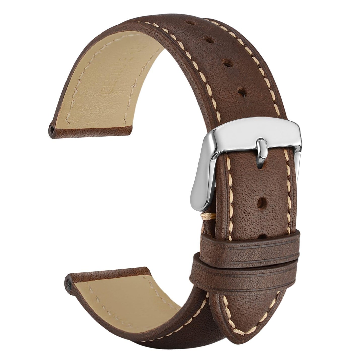 WOCCI 24mm Vintage Leather Watch Band for Men and Women, Silver Buckle (Dark Brown/Contrasting Stitch)