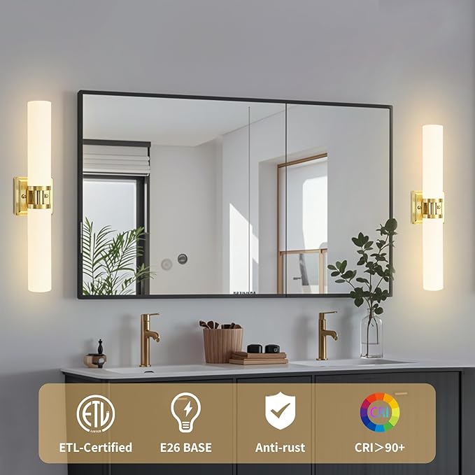 Gold Wall Sconces Set of Two, 32 Inch Bathroom Sconces with Frosted Glass, Modern Sconces Wall Light Fixtures for Bathroom Mirror Living Room Bedroom Hallway (Bulbs Not Included)