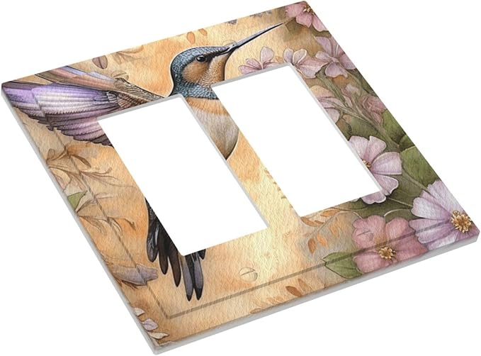 Decorative Art Light Switch Covers Blossom & Hummingbird 2 Gang Dual Rocker Outlet Switch plate Faceplate GFCI for Home Decor
