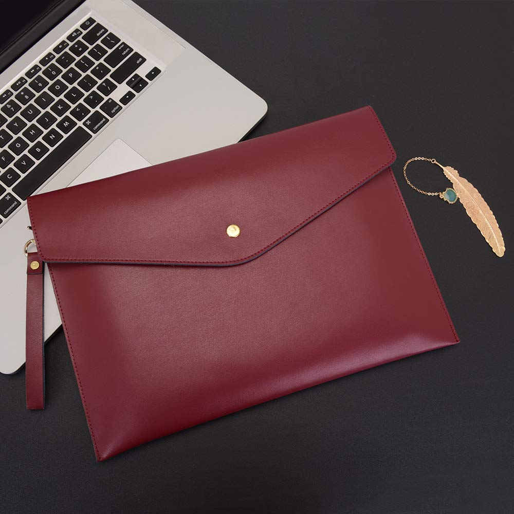 Wonderpool A4 Real Leather Multifunction Portfolio Envelope File Holder for Paper Document Stationery Organizer and Tablet Case PC Sleeve (Wine red)