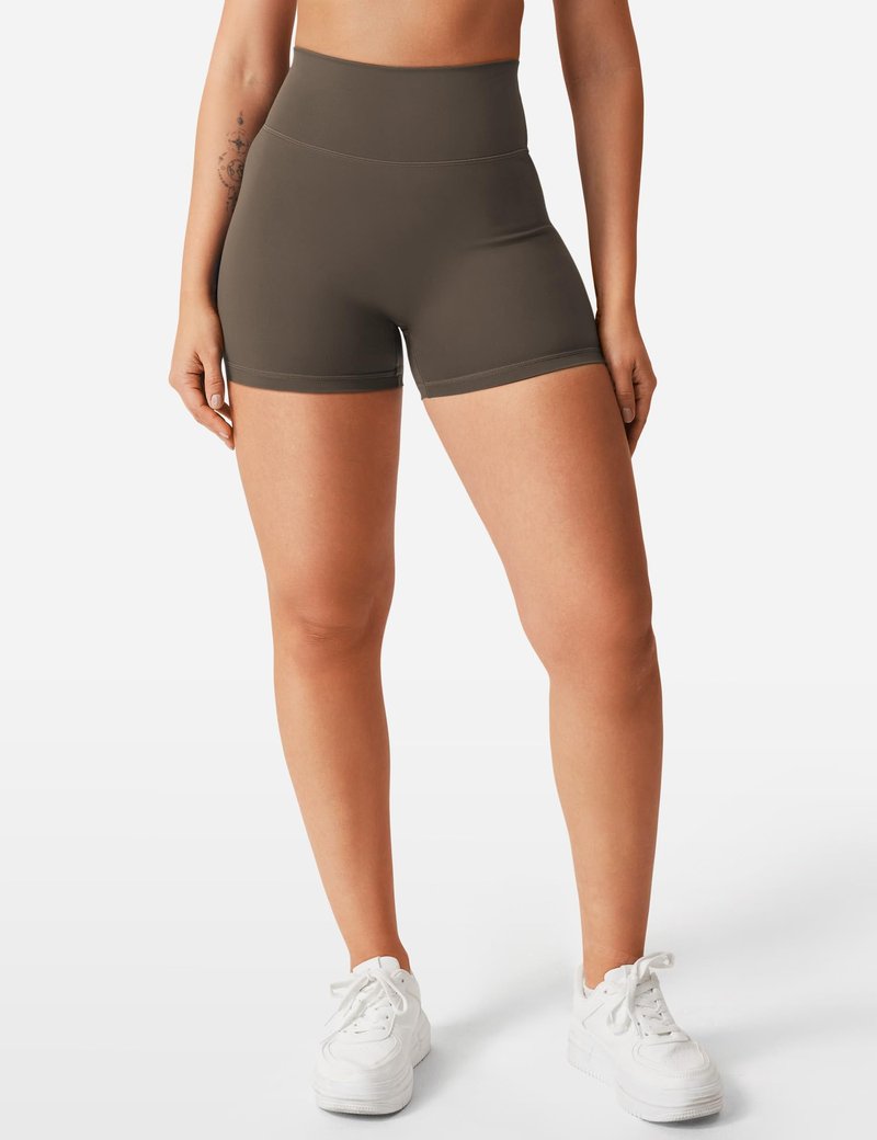 YEOREO Women's Biker Shorts 4.5" / 6" Workout Gym Shorts High Waist Tummy Control Hidden Scrunch Running Yoga Deep Brown