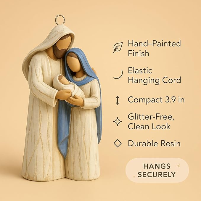 Holy Family Nativity Hanging Ornament – Hand-Painted Resin Christmas Décor Religious Gift Keepsake for Tree or Wreath, Mary Joseph and Baby Jesus Figurine (Holy Family)