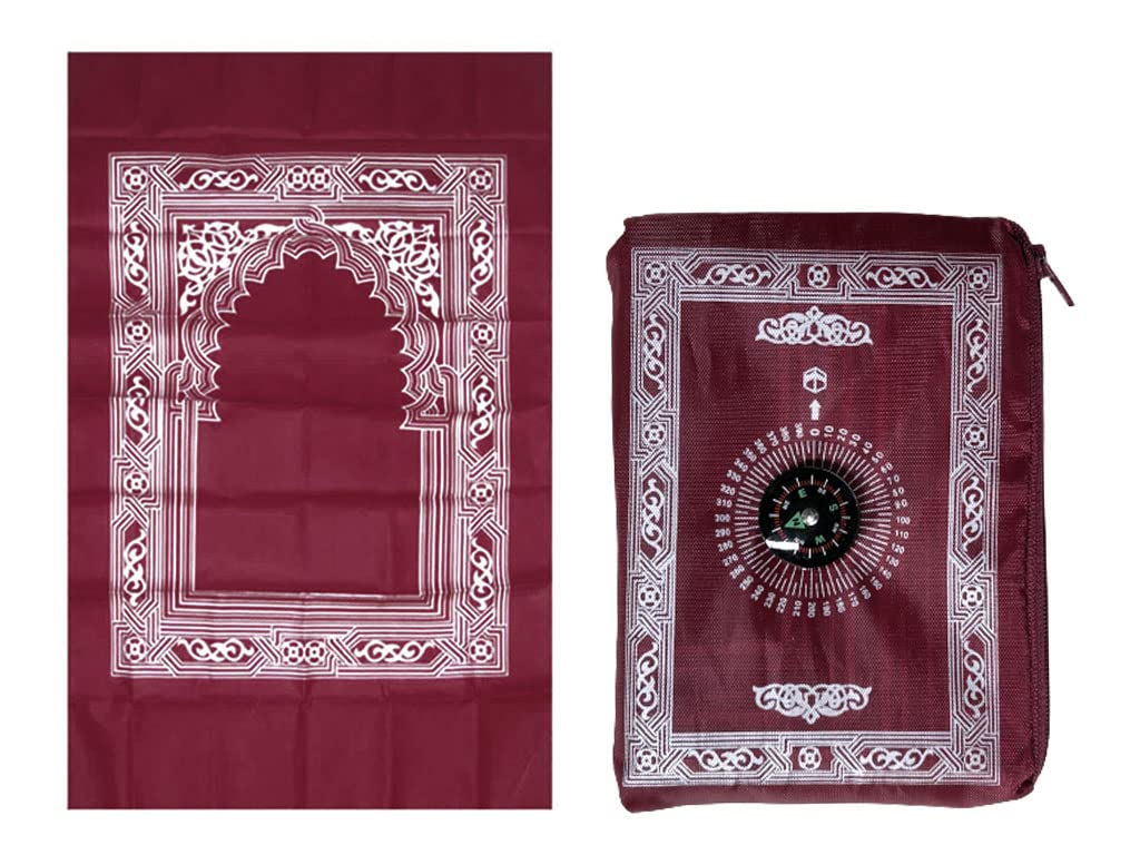 Abiyou 1 Piece Muslim Prayer Rug, Polyester, Portable Travel Prayer Mat with Compass, Red, 60CMx100CM