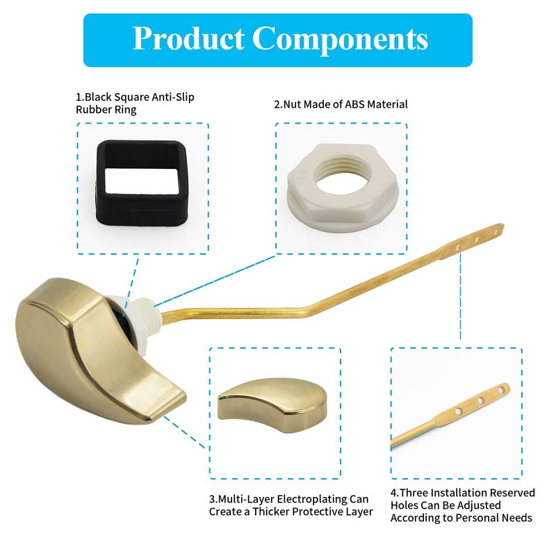 Lychee Light Toilet Cistern Side Flush Lever, Compatible with TOTO WC Flush Handle, Pure Copper Rod Body, Equipped with Hook-Style Chain for Toilet Flush Rod Replacement Part, 1 Piece (PVD Gold)